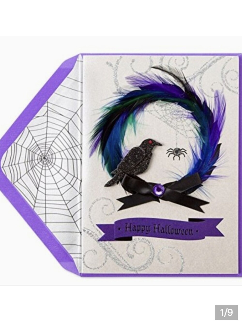 PAPYRUS Halloween Spooky feather & gem Wreath cards, includes 2 cards